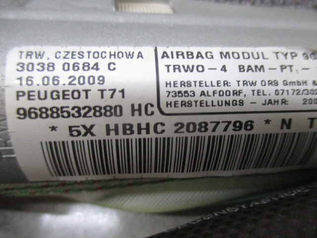 AIRBAG DE TETE DROIT  OEM N. 9688532880 PI?CES DE VOITURE D'OCCASION PEUGEOT 308 MK1 T7 4A 4C BER/SW/CC (2007 - 2013) DIESEL D?PLACEMENT. 16 ANN?E 2009