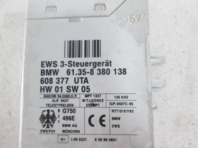 ALARME DE VOITURE DE CONTR?LE OEM N. 8380138 PI?CES DE VOITURE D'OCCASION BMW SERIE 5 E39 BER/SW (1995 - 08/2000) DIESEL D?PLACEMENT. 25 ANN?E 1998