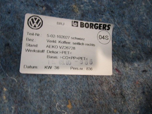 REVETEMENT DE COFFRE A BAGAGES OEM N. 5-02-102027 PI?CES DE VOITURE D'OCCASION VOLKSWAGEN PASSAT B6 3C BER/SW (2005 - 09/2010)  DIESEL D?PLACEMENT. 20 ANN?E 2005