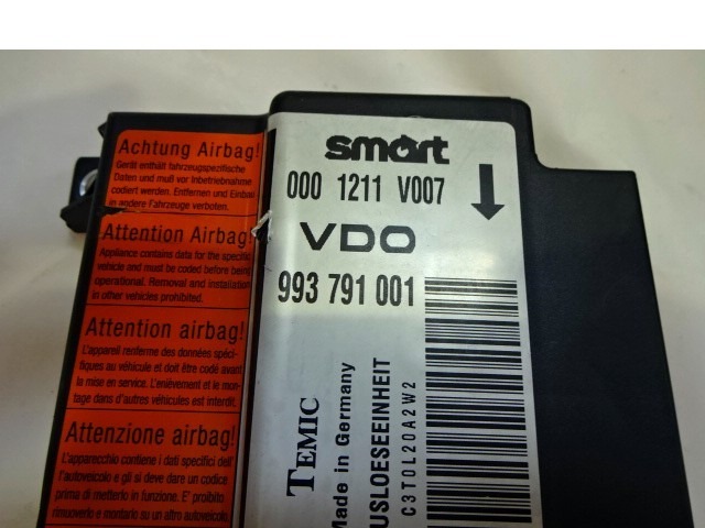 KIT AIRBAG COMPLET OEM N. KIT AIRBAG COMPLETO PI?CES DE VOITURE D'OCCASION SMART CITY-COUPE/FORTWO/CABRIO W450 (1998 - 2007) BENZINA D?PLACEMENT. 6 ANN?E 2001