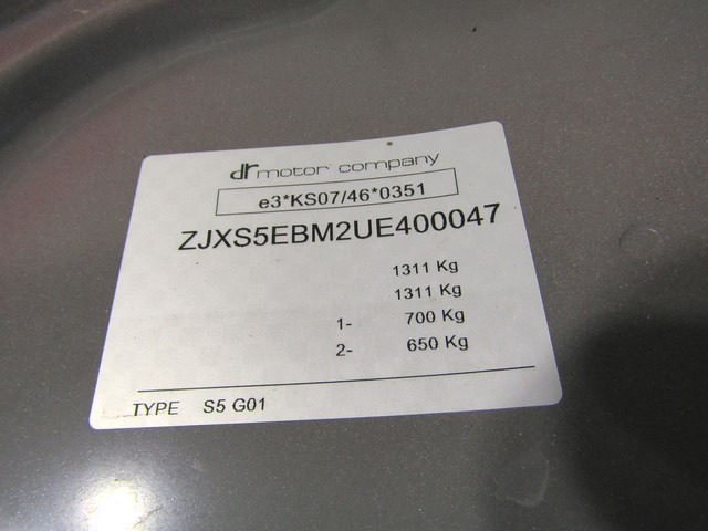 CACHE D'AUVENT OEM N.  PI?CES DE VOITURE D'OCCASION DR ZERO (DAL 2015)BENZINA/GPL D?PLACEMENT. 10 ANN?E 2015