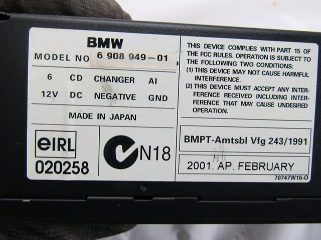 CHANGEUR-CD OEM N. 6908949 PI?CES DE VOITURE D'OCCASION BMW SERIE X5 E53 (1999 - 2003)BENZINA D?PLACEMENT. 30 ANN?E 2001