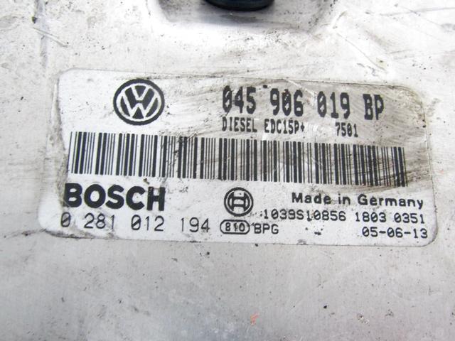 045906019BP KIT ACCENSIONE AVVIAMENTO VOLKSWAGEN POLO 1.4 D 51KW 5M 5P (2005) RICAMBIO USATO CON CENTRALINA MOTORE, BLOCCHETTI ACCENSIONE APERTURA CON CHIAVE 6Q0920803D 0281012194 4B0905851N 6Q1937049DTRASPARENTE ROTTO