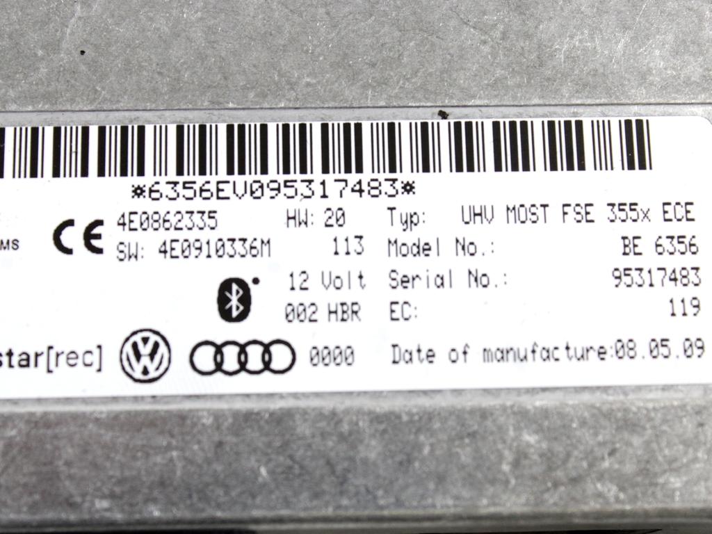 4E0862335 CENTRALINA MODULO TELEFONO BLUETOOTH AUDI A4 B8 SW 2.0 D 105KW 6M 5P (2009) RICAMBIO USATO