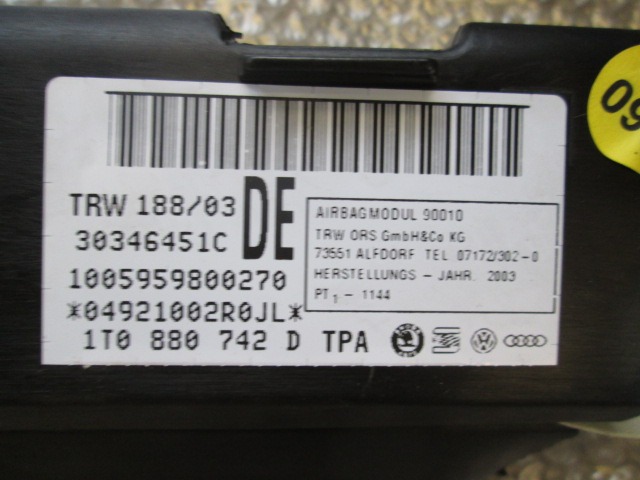 AIRBAG DE TETE DROIT  OEM N. 1T0880742 PI?CES DE VOITURE D'OCCASION VOLKSWAGEN TOURAN 1T1 (2003 - 11/2006) DIESEL D?PLACEMENT. 19 ANN?E 2004